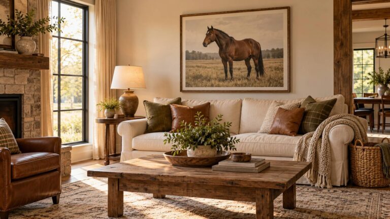 Cozy farmhouse living room with a large framed horse painting over a cream sofa, leather chair and woven throw