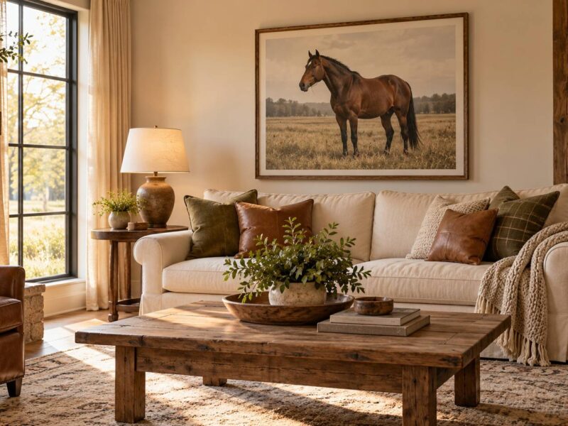 Cozy farmhouse living room with a large framed horse painting over a cream sofa, leather chair and woven throw