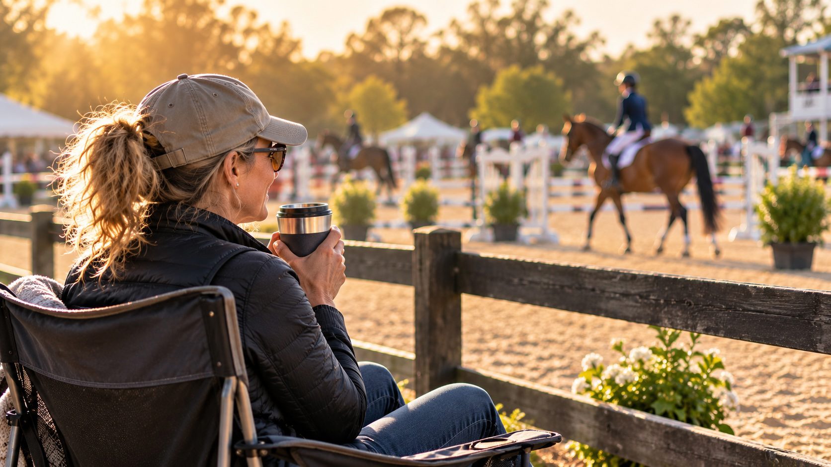 Barn mom in a folding chair at the arena rail holding a coffee and watching her daughter ride at a horse show