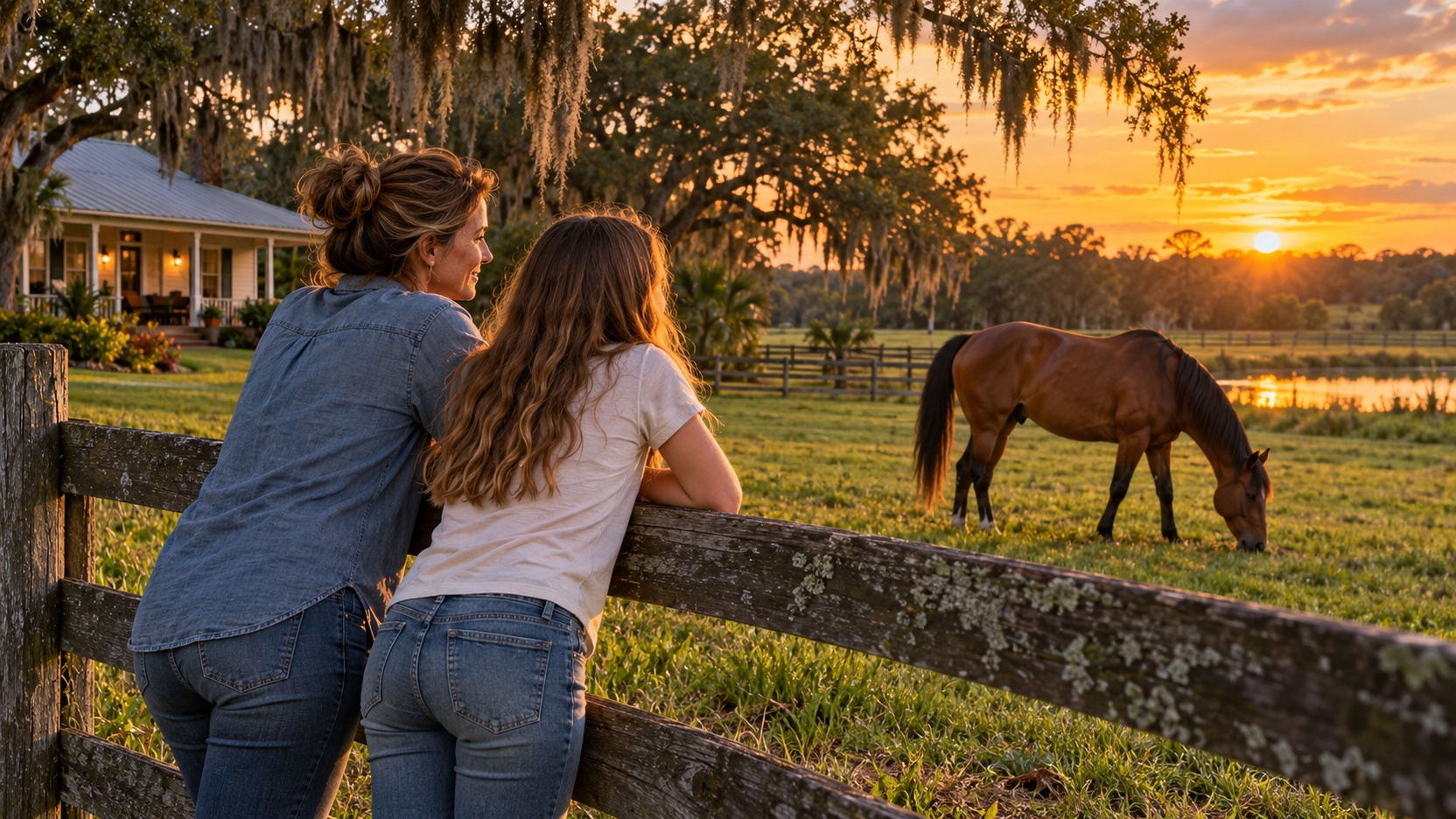 Mother and daughter leaning on a paddock fence at sunset, watching their horse graze at home