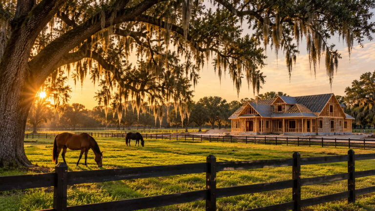 New house under construction on open pasture land with live oaks near Ocala, Florida at golden hour
