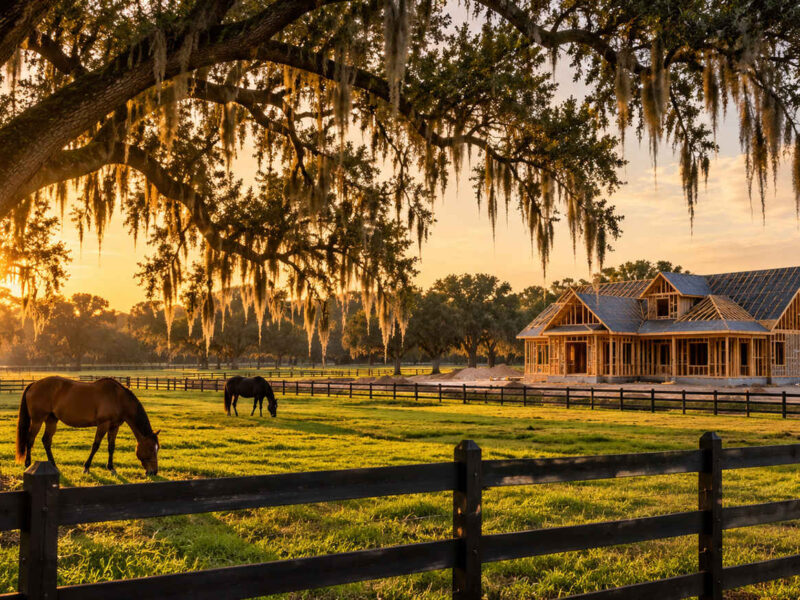 New house under construction on open pasture land with live oaks near Ocala, Florida at golden hour