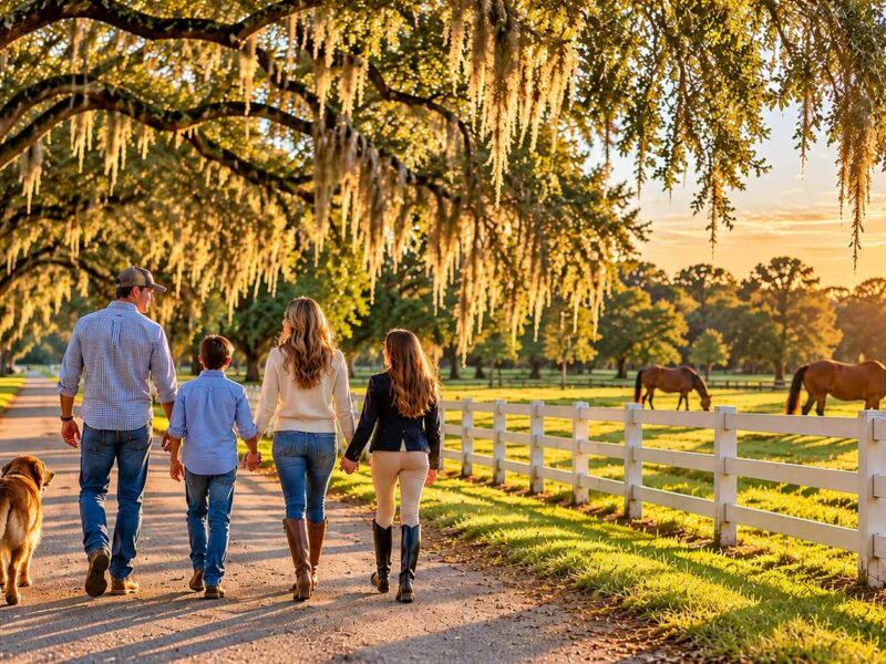 Family of four walking with their dog down a live oak lined country road past horse pastures near Ocala, Florida at sunset