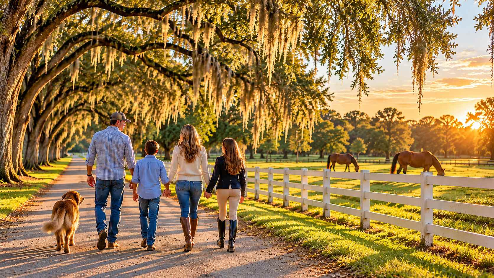 Family of four walking with their dog down a live oak lined country road past horse pastures near Ocala, Florida at sunset