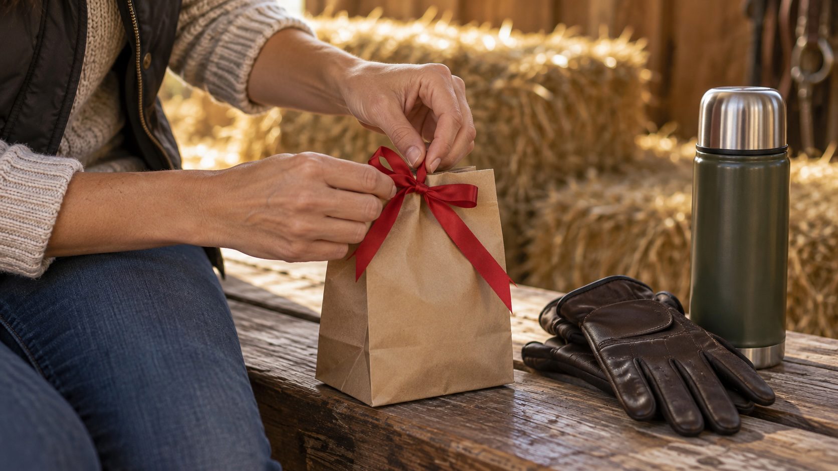 Horse mom tying a red ribbon on a gift bag beside riding gloves and a thermos on a barn bench