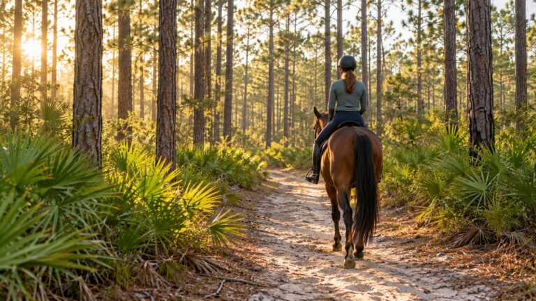 Rider on a bay horse walking a sandy trail through pine trees and palmettos in the Ocala National Forest at sunrise