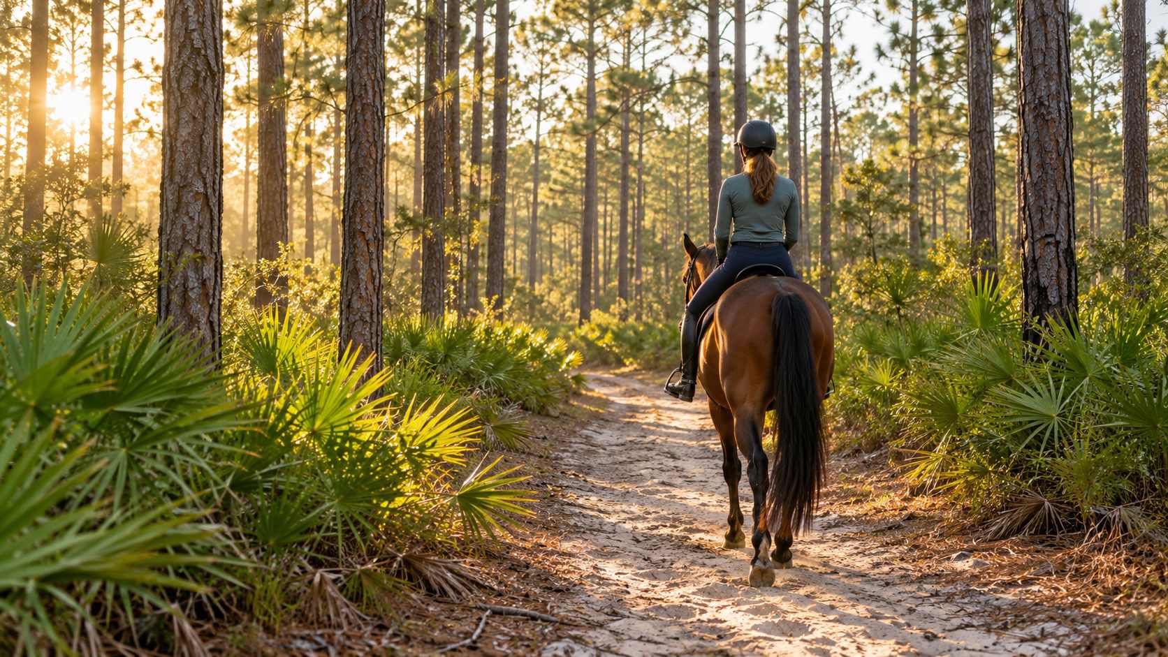 Rider on a bay horse walking a sandy trail through pine trees and palmettos in the Ocala National Forest at sunrise