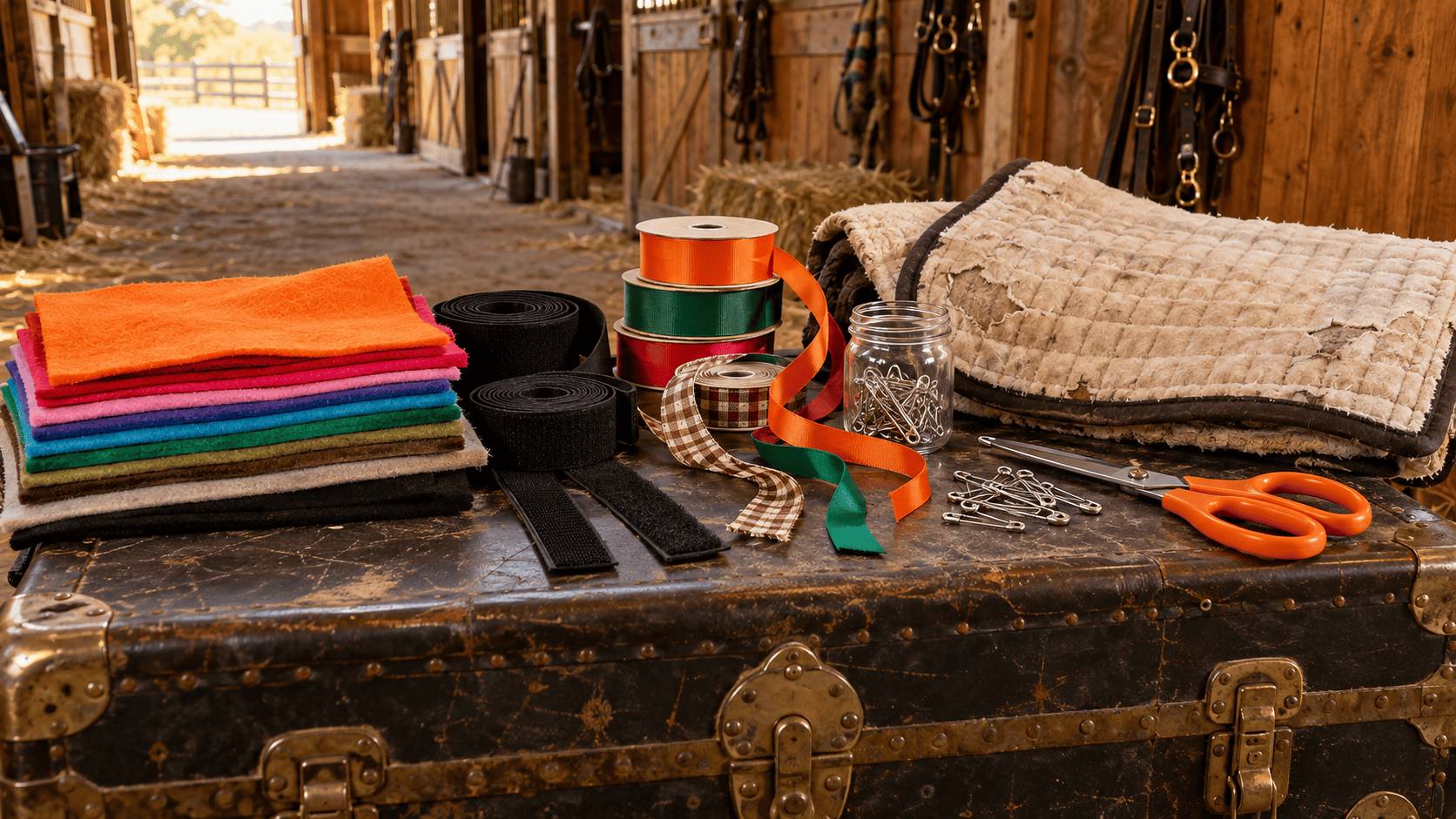 DIY horse costume supplies laid out on a tack trunk: felt, Velcro strips, ribbon, safety pins and an old saddle pad